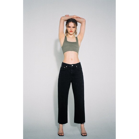 Black Denim Zara High-Waist Straight Ankle Raw Hem Jeans (NWT) - Picture 1 of 5